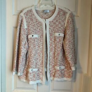 Kasper Pink White Trim Crochet 3/4 Sleeve Faux Pocket Cardigan Jacket Sz 2X
